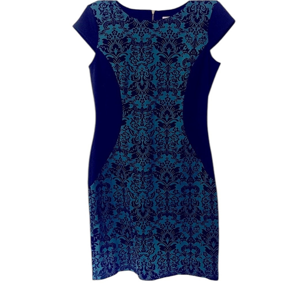 AA Studio Green‎ Sheath Dress with Black Flocking – Size 8